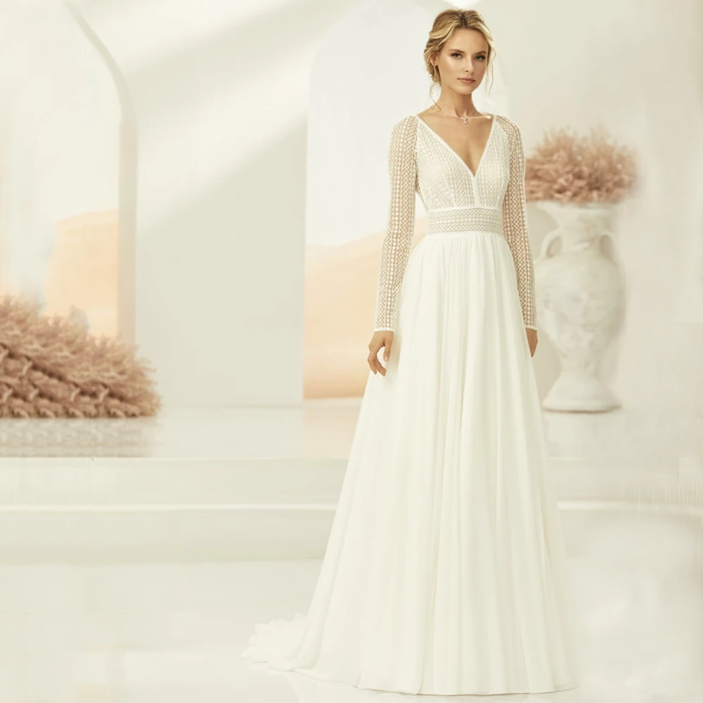 

Vintage Bohemian Tulle And Lace With Long Sleeve Wedding Dresses Button Back Sweep Train Classic Rustic Bridal Gown Vestidos