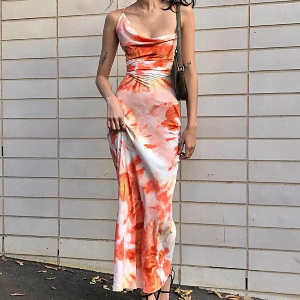 

Hot Sales!!Maxi Dress Printed Spaghetti Strap Women Backless Lace Up Sundress for Dating