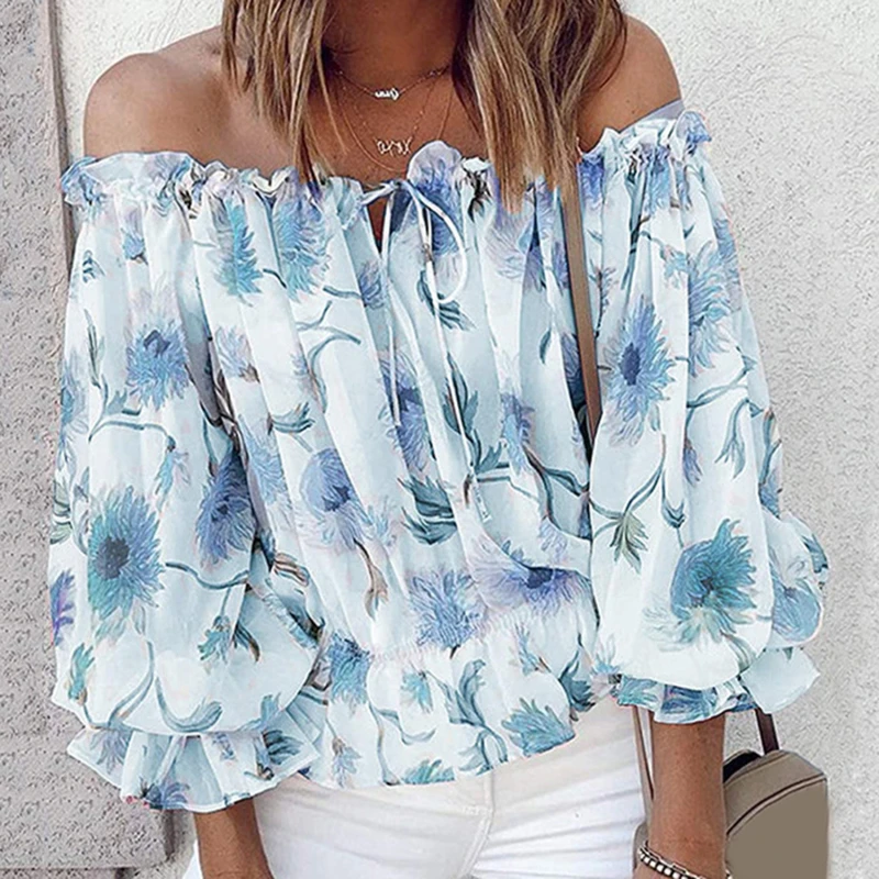 

New Style Off Shoulder Drawstring Floral Chiffon Shirt Slim Long Sleeve Short Top Female Fashion Blouse
