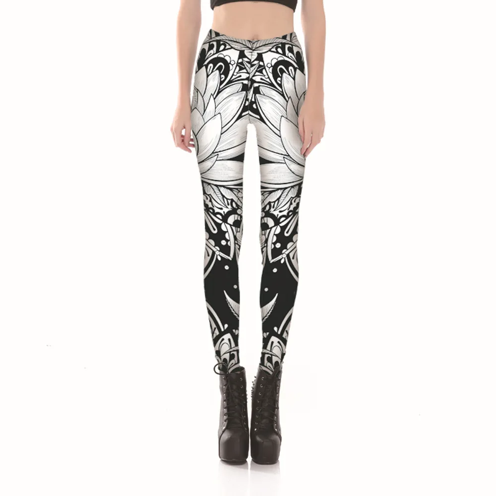 

Black Lotus Print Slim Leggings Fashion Casual Sexy Hip-Lift Tight Pants Sports Fitness Elastic Leggings Women Skinny Trousers