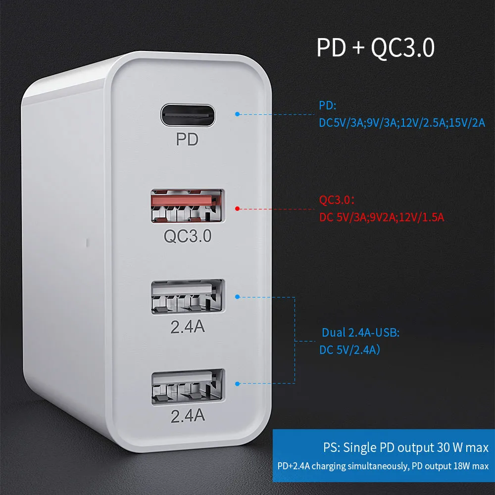 

48W Quick Charger Type C USB PD Charger For iPhone 12 11 XS Max iPad Pro For Samsung S20 Huawei QC3.0 Fast Wall Charger Adapter