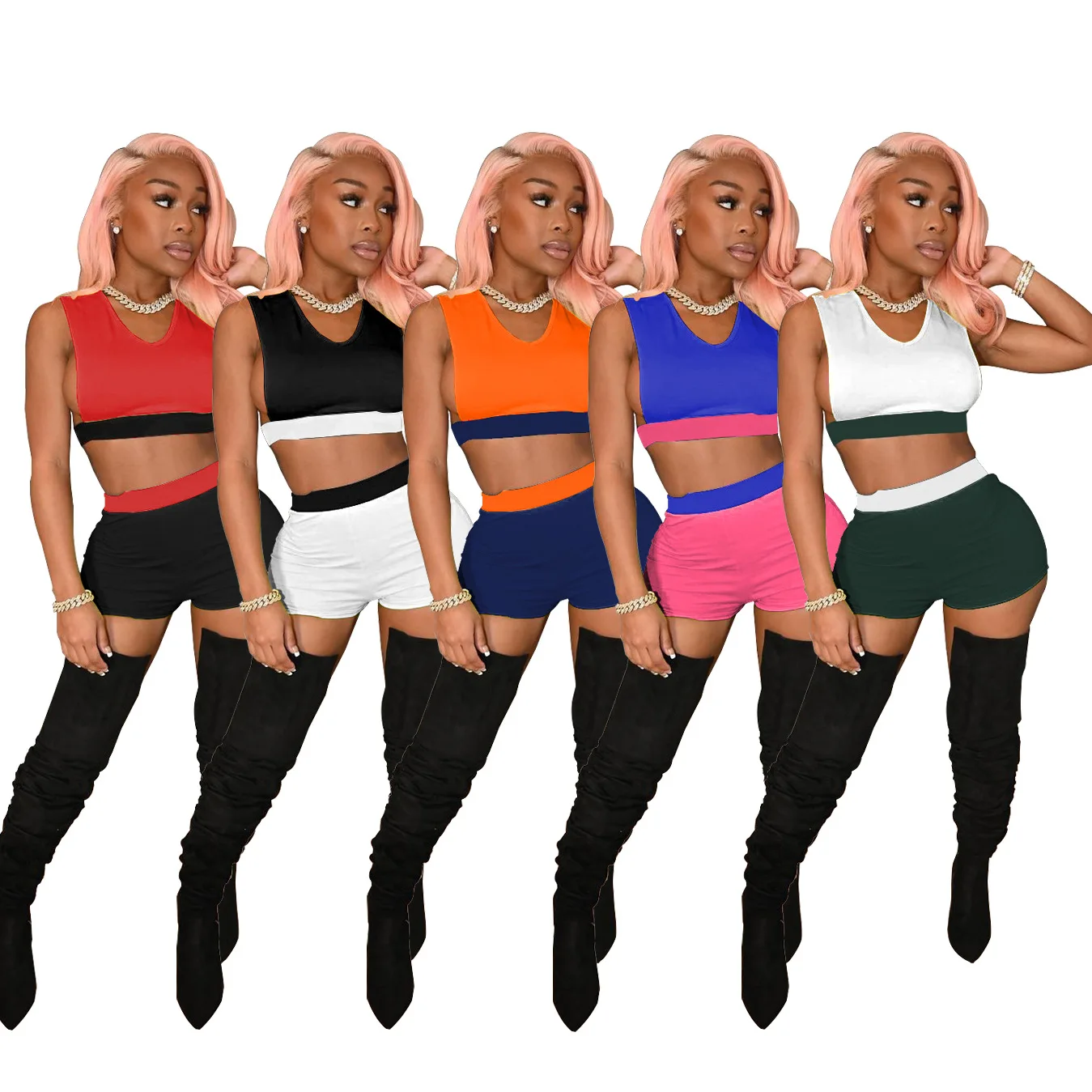

Summer Two Piece Color Sets Block Spliced Outfits Women's Sleeveless Bandage Crop Top and Biker Short Casual Workout Sport Suit