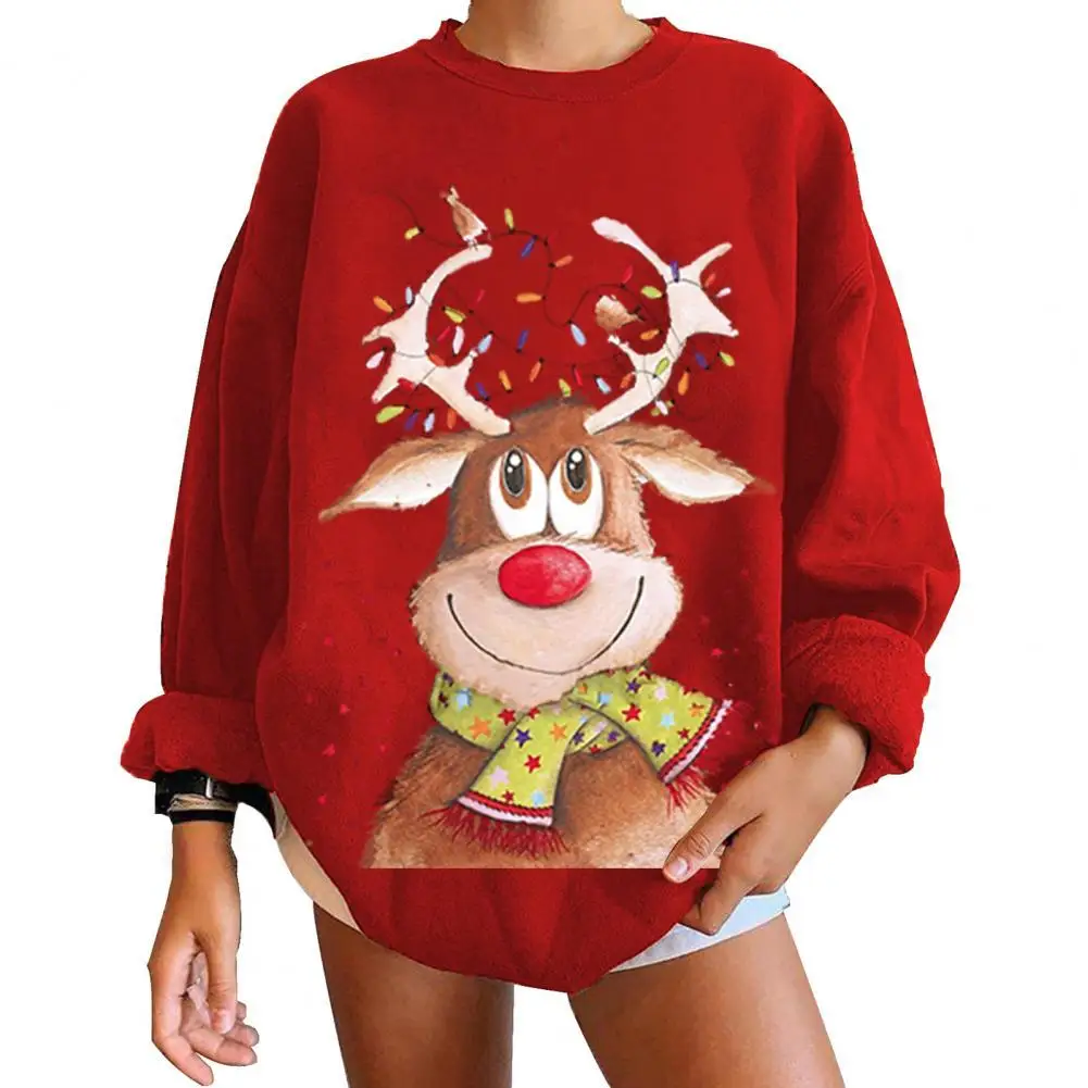 

Lady Sweatshirt Women Long Sleeve Loose Streetwear Large Elk Print O Neck Casual Pullover Sweatshirt Tops for Daily Wear