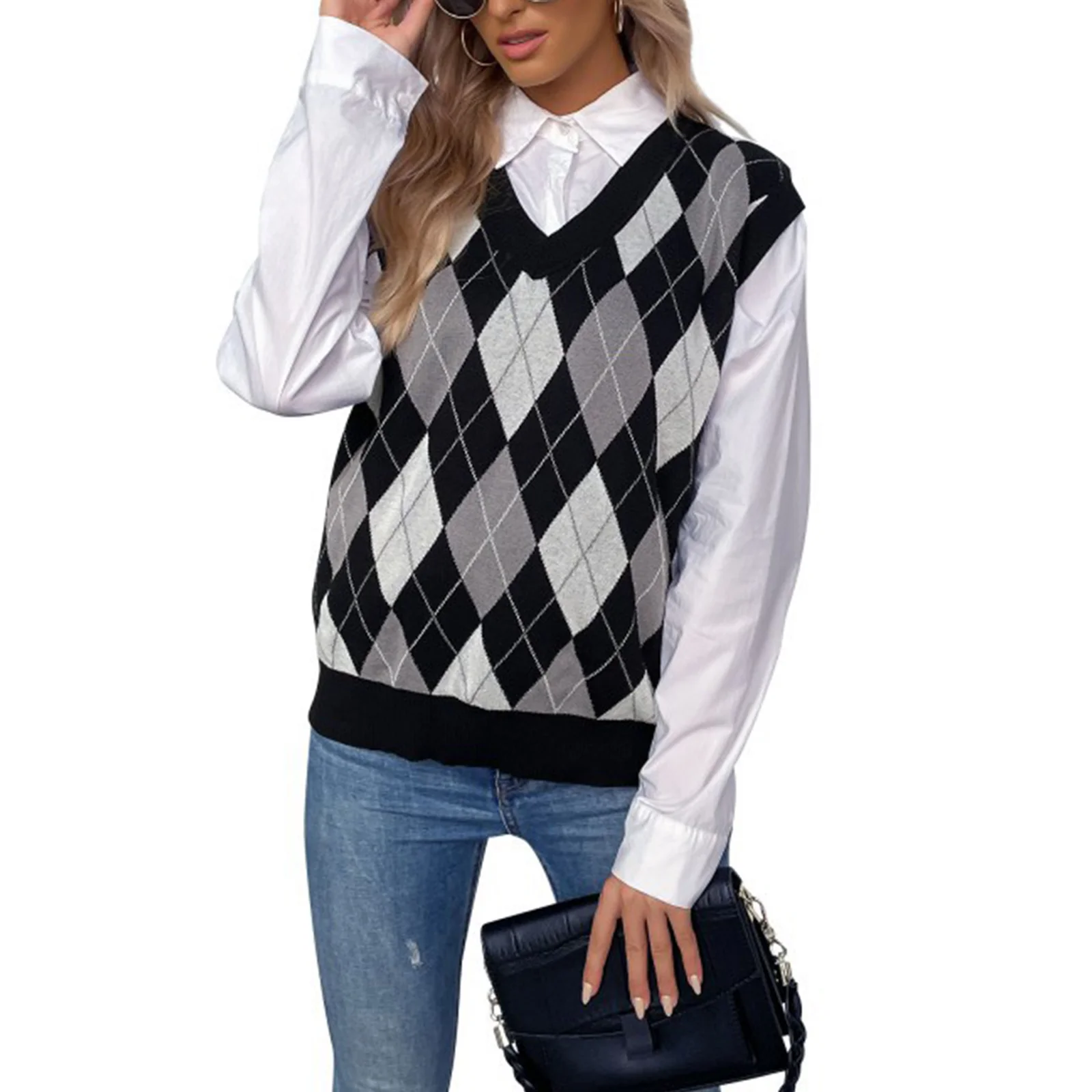 

Ladies Temperament Knitted Vest, Autumn Girls Preppy Style Diamond Plaid Pattern V-neck Knitwear Casual Sleeveless Tops