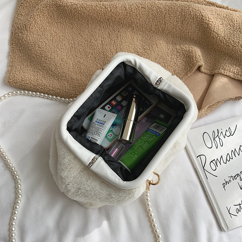 

Luxury Pearl Plush Handbag Autumn and Winter Elegant Female Solid Color Shoulder Bag Warm All-match Lady Messenger Crossbody Bag