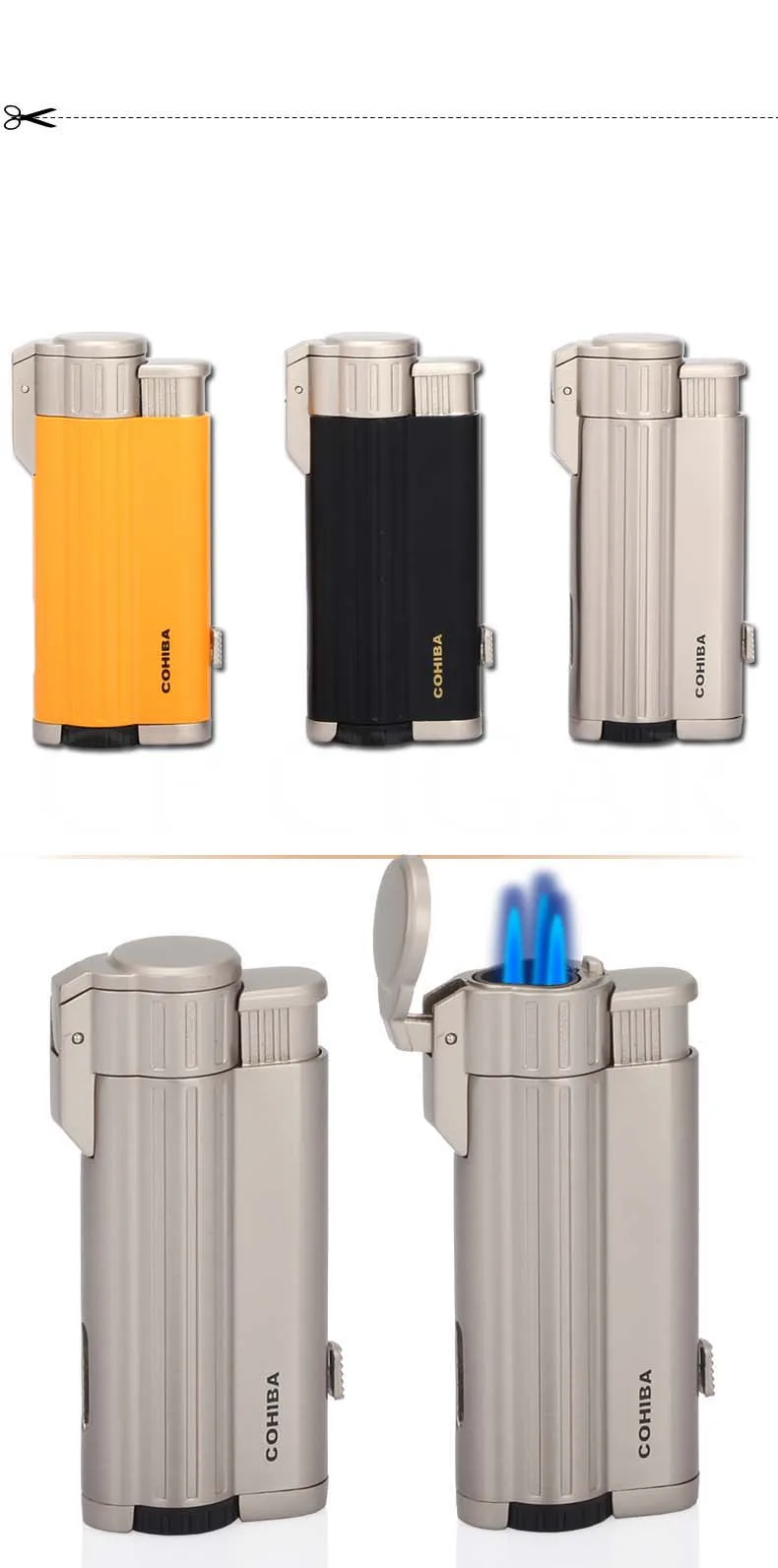 COHIBA карманные зажигалки для сигар 3 струйный фонарь ветрозащитная зажигалка бутан металлическая портативная Зажигалка для прикуривателя многоразовая W/Подарочная коробка