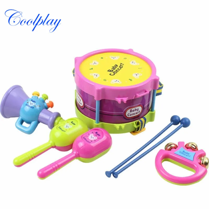 

5PCS Musical Drum Set Instrument Toy Kid Band Kit Trumpet Sand Hammer Hand Bell Baby Music Educational Toy Gift for Children