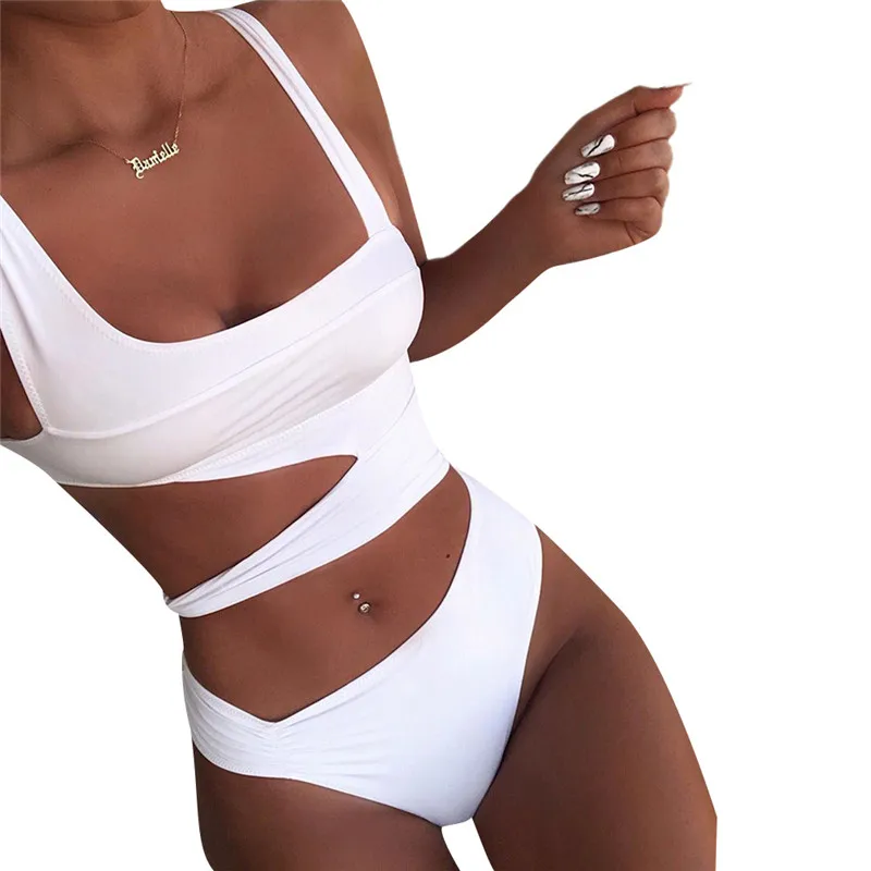 Белый полый купальник цельный сексуальный Однотонный женский монокини высокая