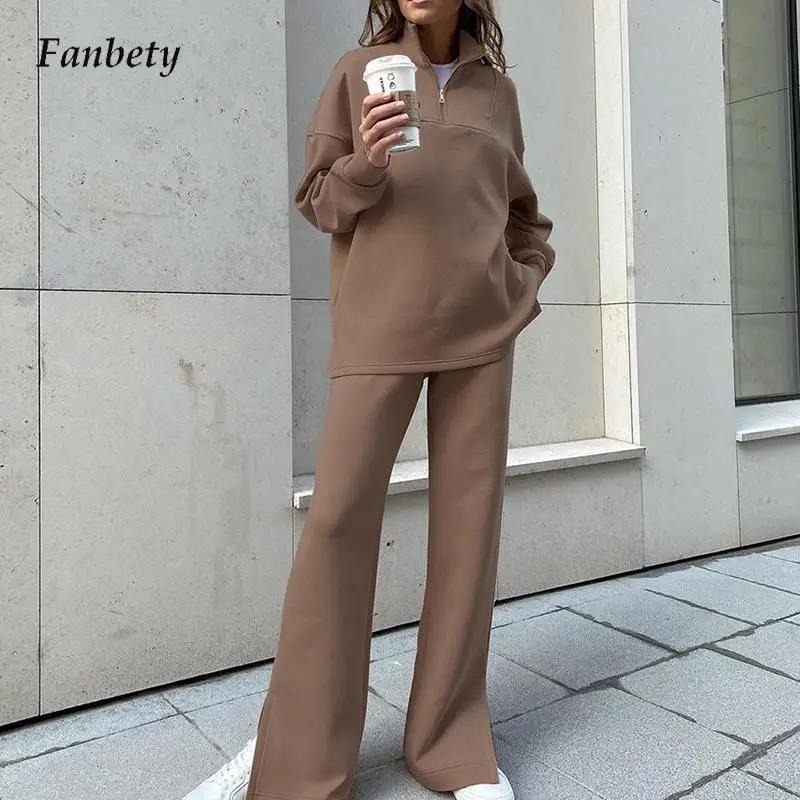 

Autumn Winter Elegant Solid Sweatshirt Sets Women Fashion Zipper Tops Pullover and Wide Leg Pants Suits Casual Loose 2pcs Outfit