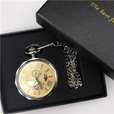 silver with box Роскошные Высокое качество Золотой фаза Луны Механические карманные часы римские цифры часы Tourbillon циферблат подвеска на цепочке Для мужчин Для женщин PJX1398 - Цвет: silver with box