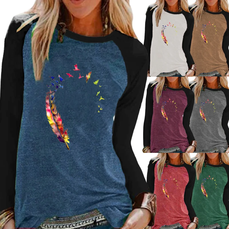 

Autumn Women Fashion Casual Long Sleeve Shirt Top Feather Print Round Neck Loose T-shirt Pullover Sweatshirt Plus Size
