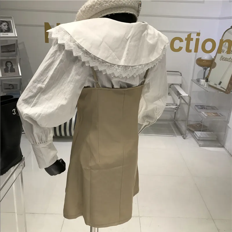 

Bow Long Sleeve Velvet Puff Dress Women Niche Design Winter Sweet Lace Baby Collar Lantern Sleeve Shirt + Sexy Suspender Dress