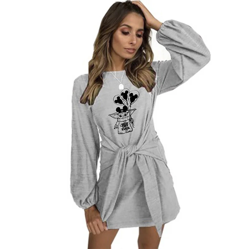 

Spring Autumn Bowknot Dresses Women Long Sleeve Sexy Ladies Printed Short Dress with Belt Gray High Waist Vestidos Plus Size XXL