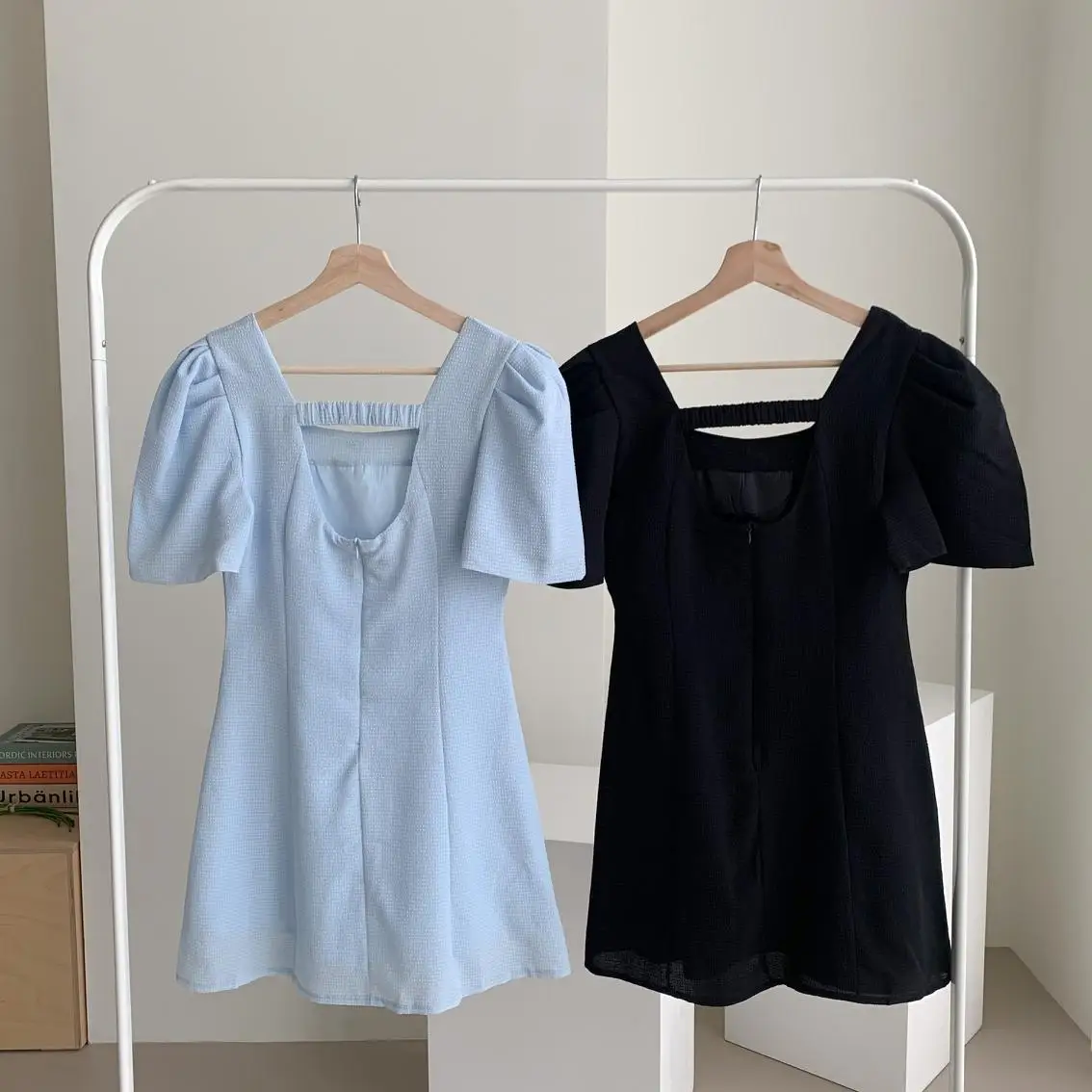 

Square Neck Puff Sleeve Dress Mini A-line Summer 2021 Elegant Short Robe Blue Black Office Ladies Clothing Dating