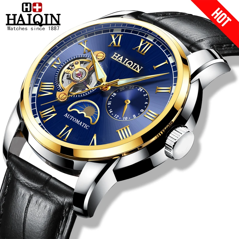 Часы наручные HAIQIN Мужские механические брендовые Роскошные водонепроницаемые в
