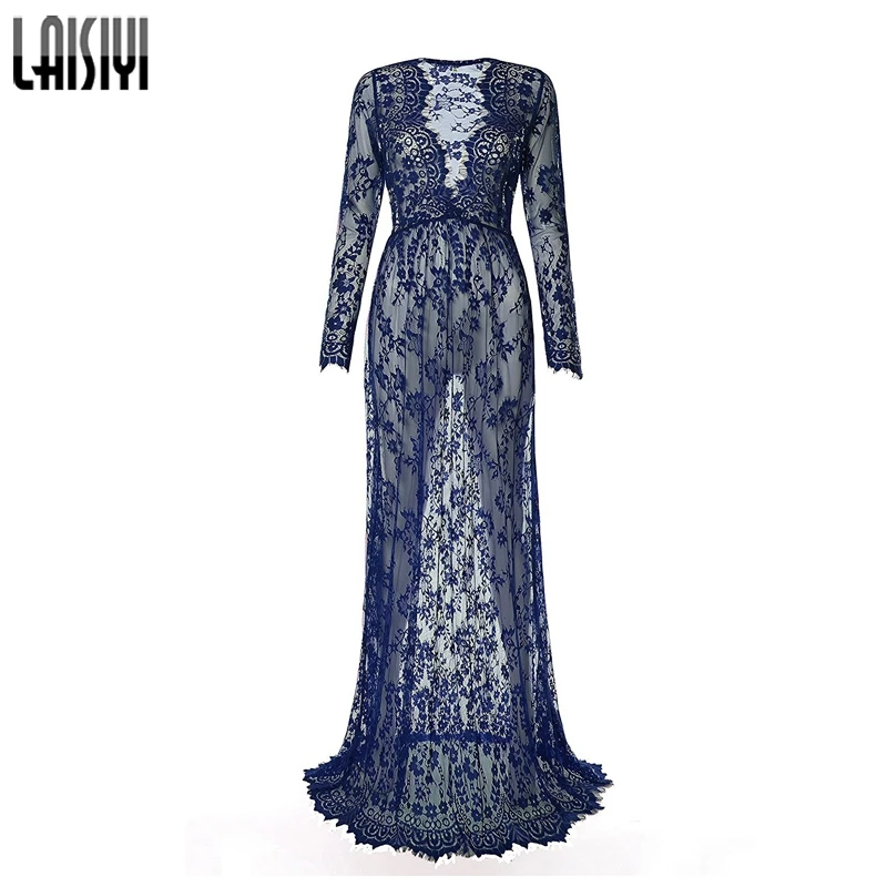 Сексуальное женское платье LAISIYI Осеннее черно белое кружевное длиной до пола с