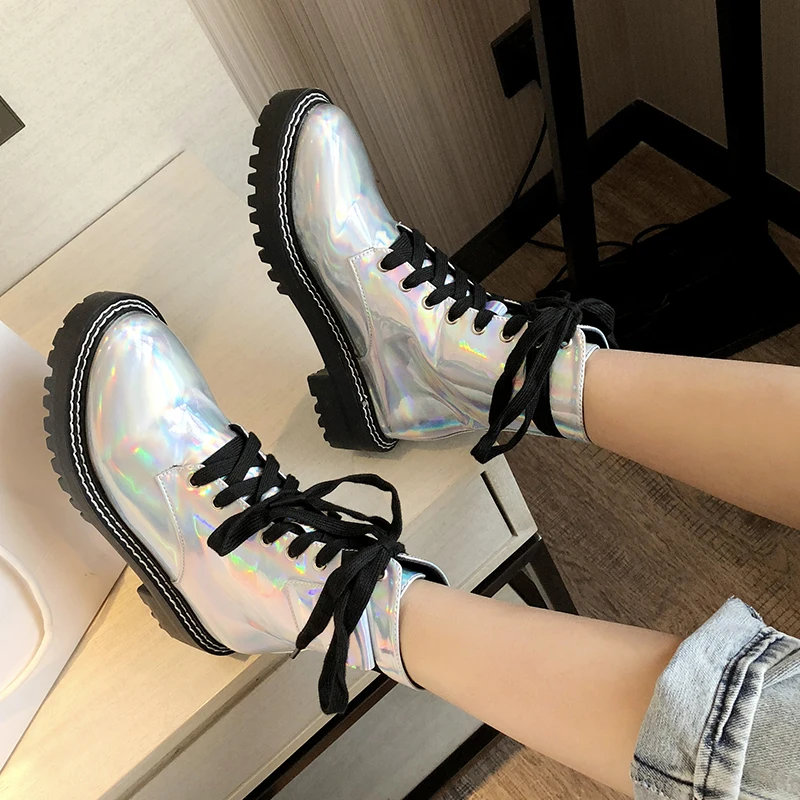Rimocy Womens Silver Laser Patent Leather Ankle Boots Fashion Lace Up Thick Platform Shoes Woman Mid Heel Motorcycle Mujer |