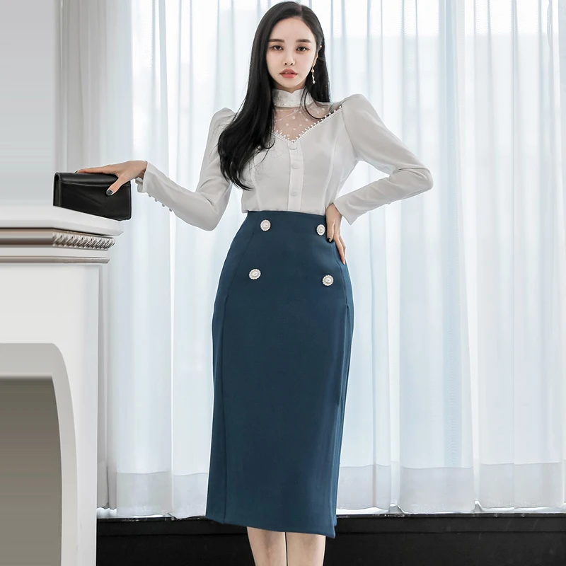 

Elegant Women Office Lady OL Work Wear Mesh Patchwork Blouse Top And High Waist Midi Pencil Skirt 2 Piece Suit Set