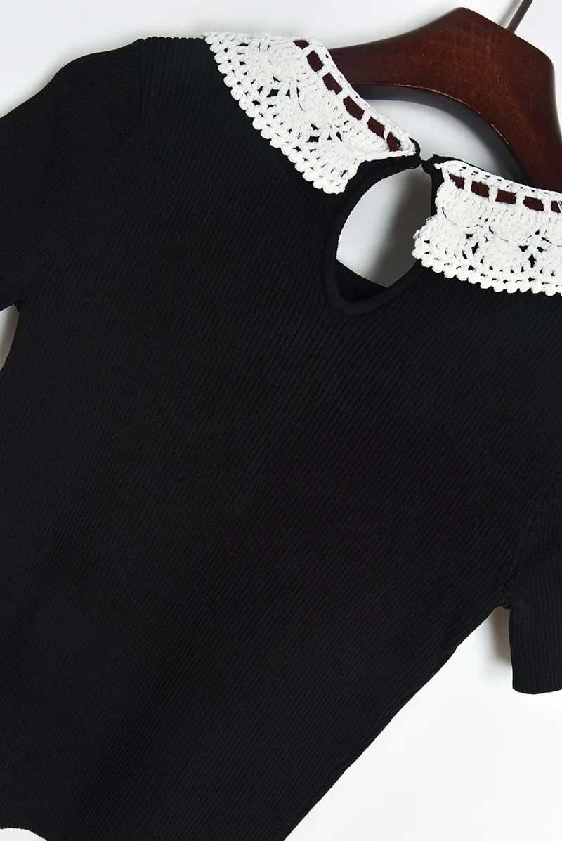 

2020 Vintage Knitted Tops T Shirt Summer Women Doll Collar Short Bow Thin TShirt Femme Tees Slim Black Female Knitwear