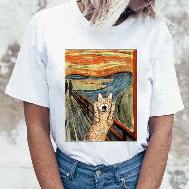 

Women Gato Cate Funny Print T ShirtGirl 90s Graphic T-shirt Girl 2020 Summer Ulzzang Too Buff Too Cat Harajuku Tshirt