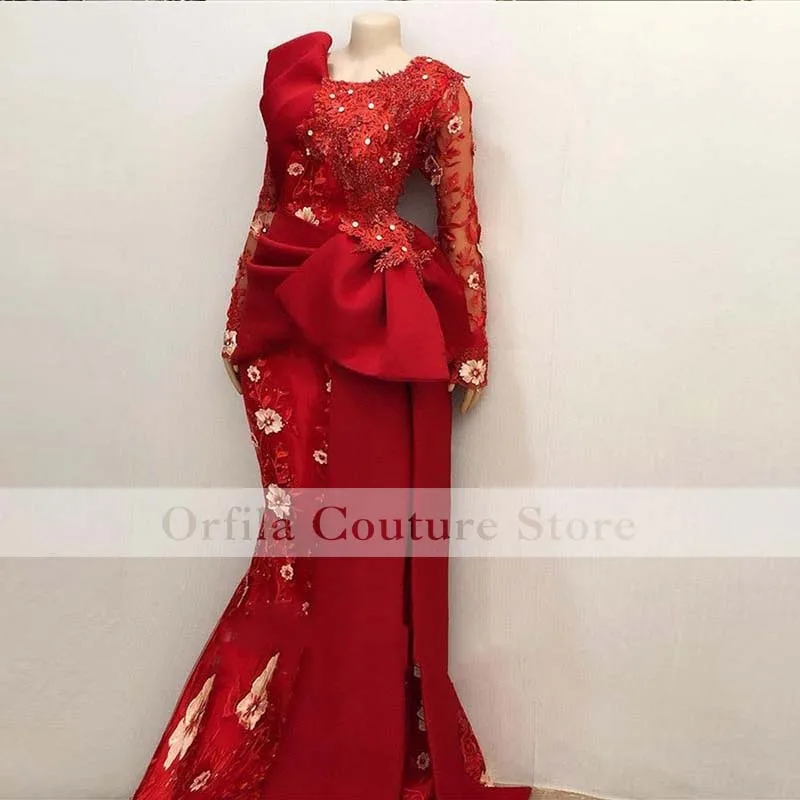 

African Lace Mermaid Evening Dresses 2022 Aso Ebi applique beaded Pleats Red Prom Gowns Robe De Soiree
