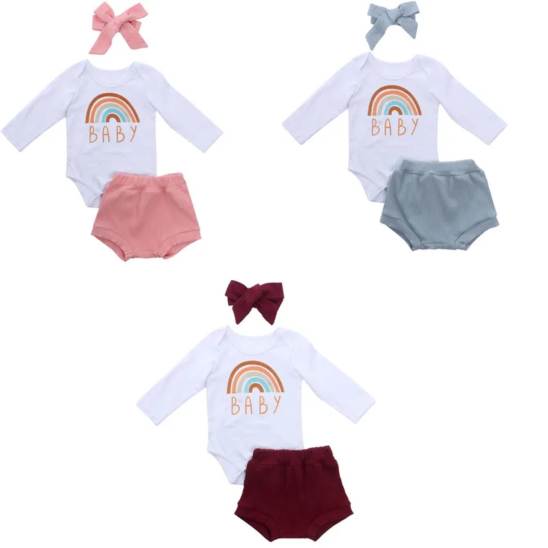 

Newborn Baby Boy Girl Spring Autumn Rainbow Letter Long Sleeve Romper Triangle Ribbed Shorts Pants Hairband Set