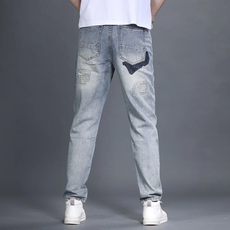 Light Vintage Blue Ripped Jeans Men Loose Mixed Color Straight Denim Trousers Spring New Micro-Elasticity Males Outdoor Korean