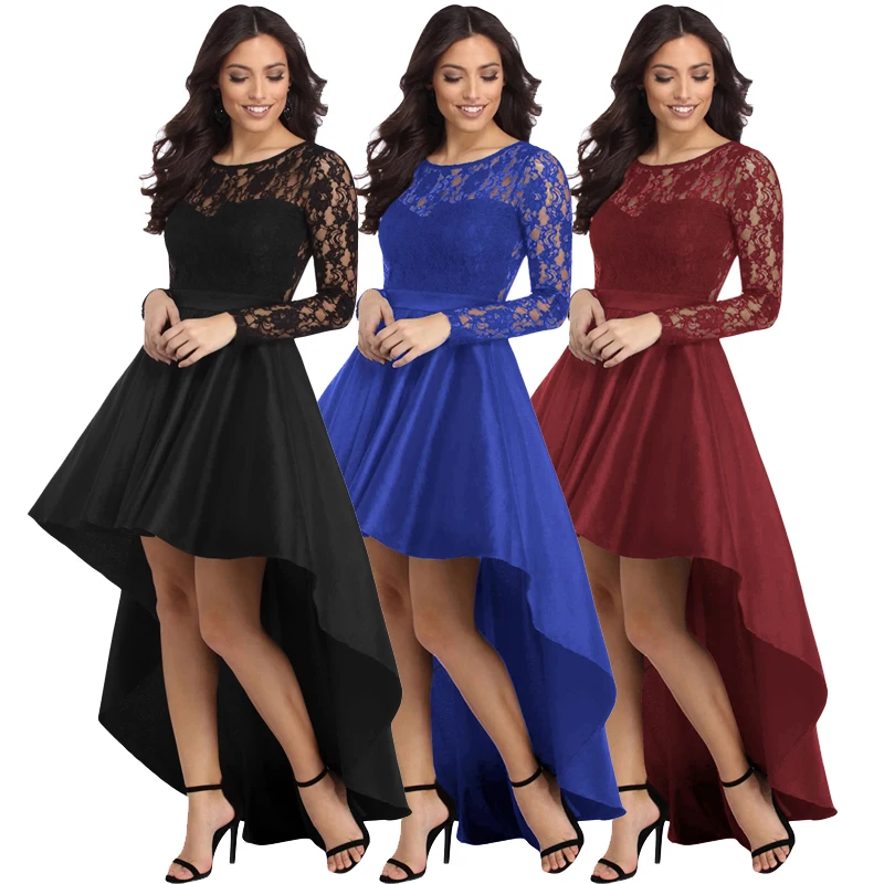 

High Quality Fashion Women Long Sleeve Lace High Low Satin Maxi Evening Prom Party Dress