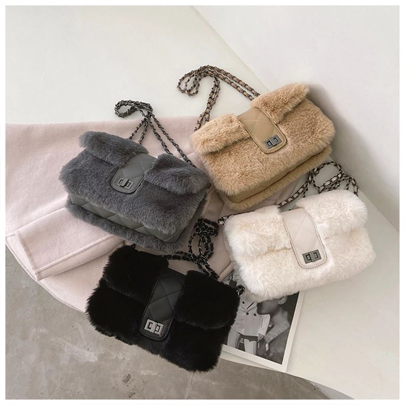 

Fur Bag With Chain Flap Handbags For Women Luxury Designer Baguette Furry Clutch Torebki Bolsos Mujer De Marca Famosa 2020