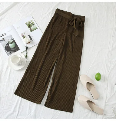army green Новинка, корейские женские широкие штаны, свободные, высокая талия, одноцветные штаны, повседневные, вертикальные, мягкие, плиссированные штаны, брюки для женщин - Цвет: army green