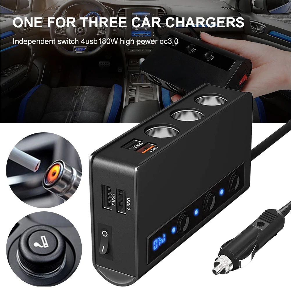 

Car Charger 12/24V 4 USB Lighter Adapter QC3.0 Fast Charge 180W Lighter Splitter with Voltmeter ON/OFF Switch for Phone Tablet