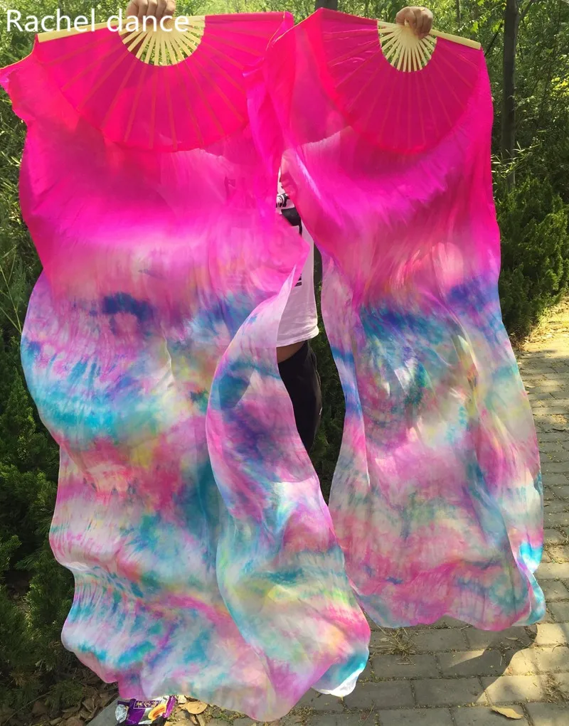 

New Arrival 100% pure real Silk Fan Veils for Belly Dancing Sexy long silk Fans for dancers 1.8*0.9m tie-dyed color A pair