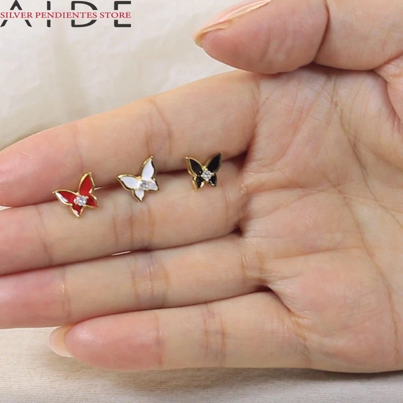 

AIDE 1PCS Mini Dripping Oil Women Earrings 925 Sterling Silver Red Purple Turquoise Enamelbutterfly Stud Earringsfine Jewelry