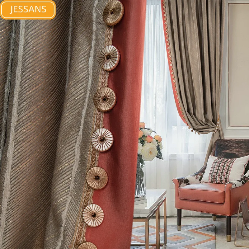 

American High-end Jacquard Lace Stitching Thickened Blackout Curtains for Living Room and Bedroom Customized Products