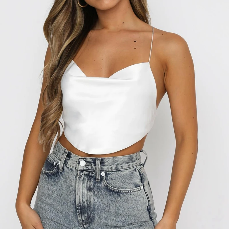 

Chic Women Sexy Satin Backless Lace-up Tops Hot Summer Sleeveless Spaghetti Strap Crop Top for Club Party Streetwear Outfit