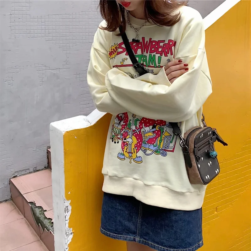

2021 New Harajuku Retro Top Strawberry Print Hoodie Women Loose Streetwear Sweatshirt American Retro Oversized Pullover
