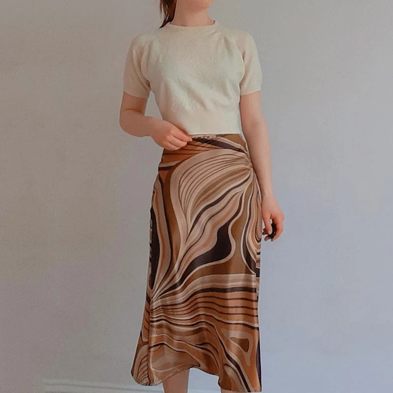 

Tie dye Print vintage long skirt y2k brown fairy grunge satin elegant Suits with skirt harajuku summer Street High-waisted skirt
