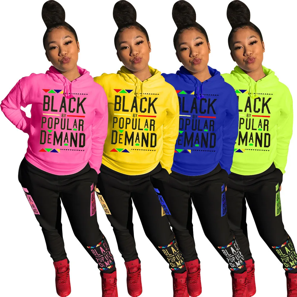 

Pants Suits Jogging Tracksuit Casual Print Hooded Long Sleeve Letter Pattern Fashion Two Piece Set Women Wholesale Dropshipping