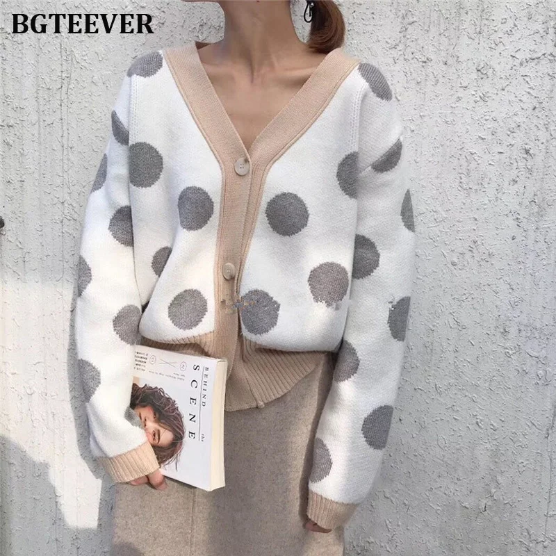 Autumn Winter Sweater Cardigan Women Vintage Loose V-neck knitted Open Stitch Jumpers Female Thicken Dots Knit Tops 2019 |