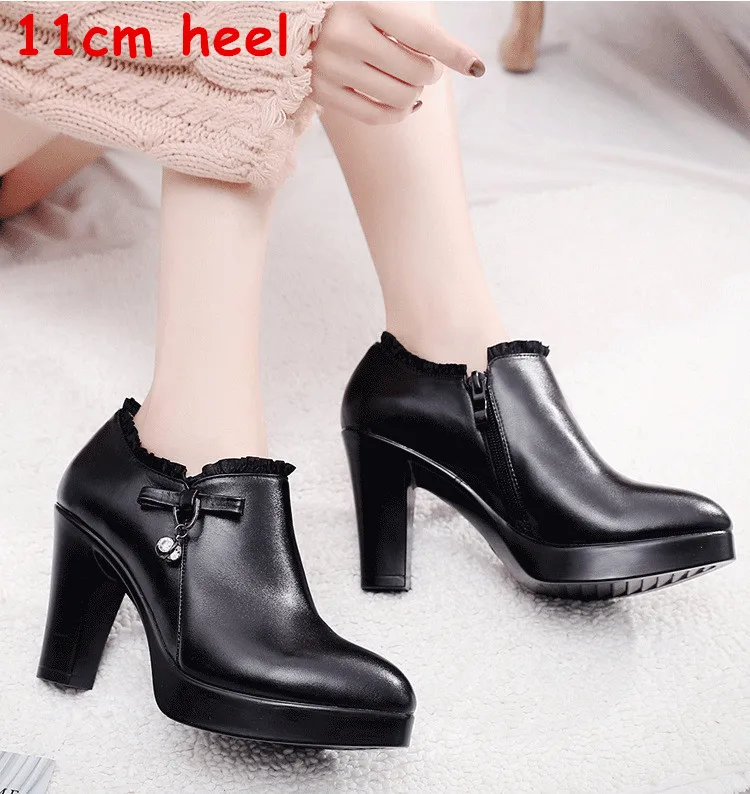 PU 11cm black Qiannml/Большие размеры 32, 33-43, женская обувь с глубоким носком на каблуке, г. Теплые Меховые Туфли-лодочки на платформе женские офисные туфли на высоком каблуке - Цвет: PU 11cm black