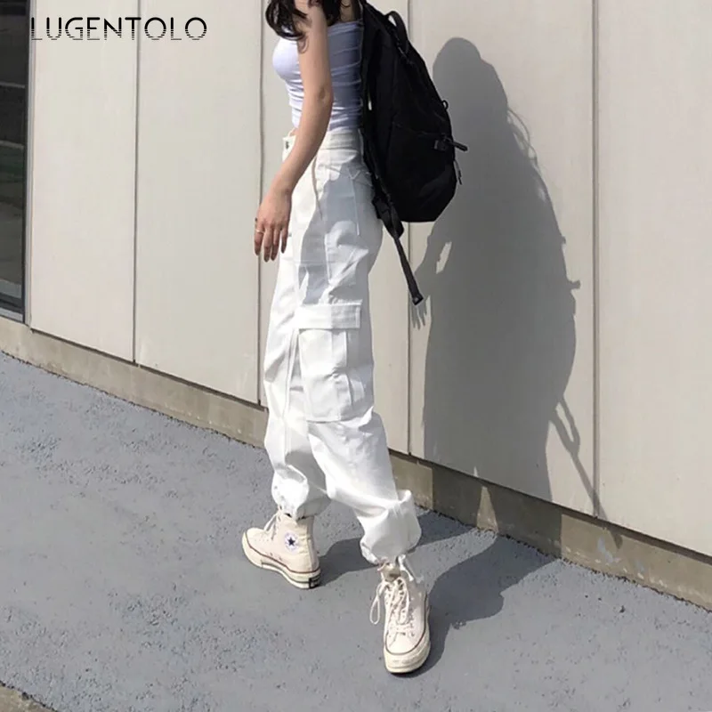 

Lugentolo Women's Long Pants New High Waist Autumn Big Pocket Solid Color Loose Casual Pants Street Fashion Drawstring Pants