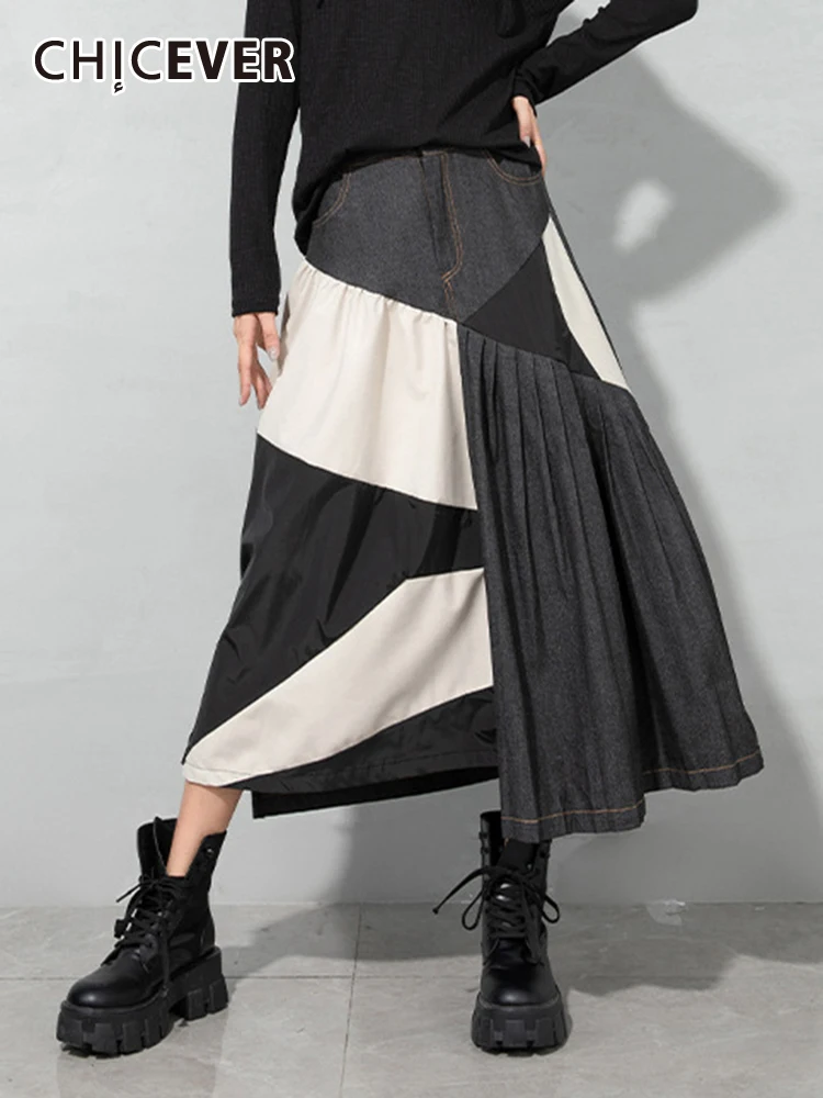 

CHICEVER, корейская мода, юбка для женщин, высокая талия, трапециевидная, свободная, Лоскутная, цветная, юбка, женская осенняя одежда, 2021 стиль, Но...