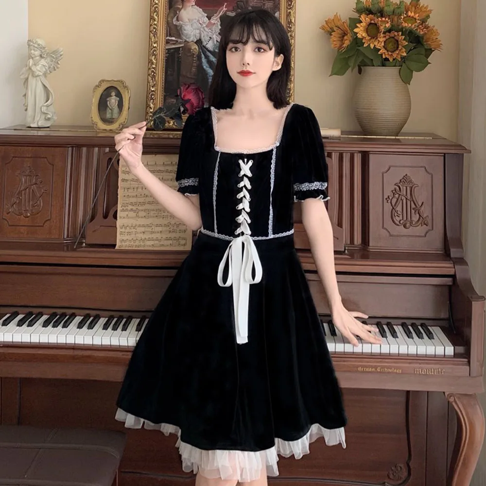 

High Street Fashion Temperament 2021 Summer Women's Dress Casual Hipster Bandage Lace Splicing Square Collar Puff Sleeve