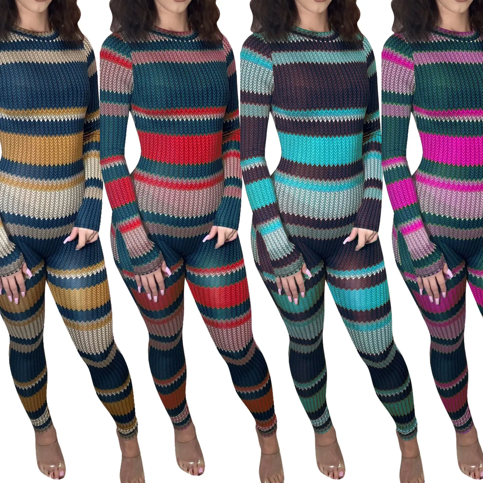 

Женский комбинезон в полоску, повседневный комбинезон с длинным рукавом и круглым вырезом