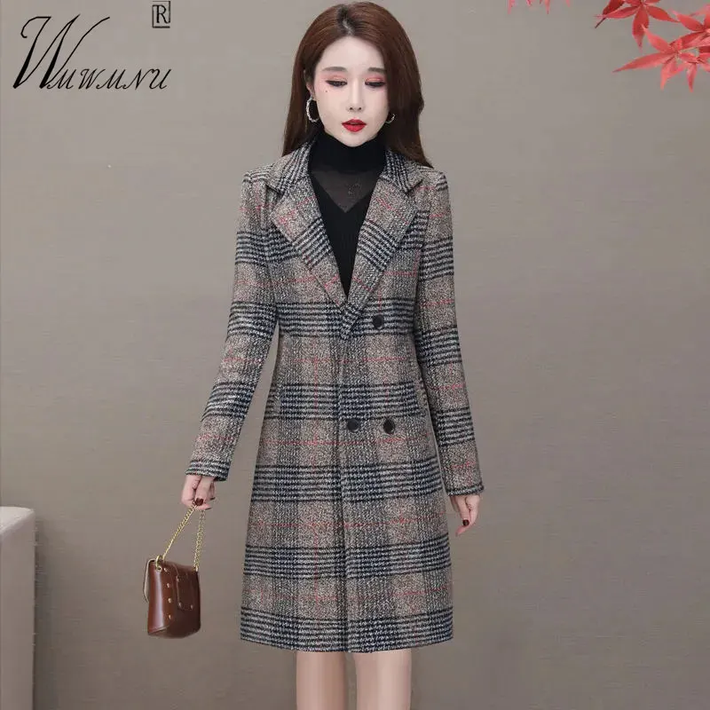 

Женское классическое шерстяное пальто в клетку, двубортное приталенное пальто в Корейском стиле, зимняя куртка, элегантное офисное пальто