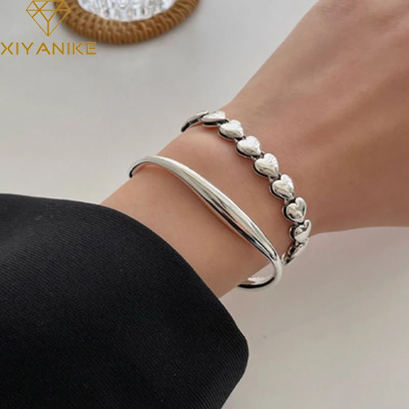 

GOLDRIA 925 Sterling Silver Geometry Double Side Love Heart Stitching Bracelet Femme Unique Design Luxury Jewelry Wholesale