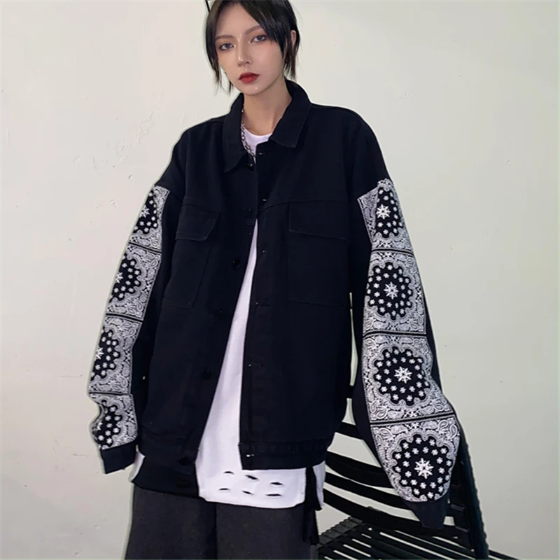 

2021 Spring Fashion New Lapel Long Sleeve Loose Large Size Stitching Tooling Printed Denim Jacket Women's Top Trend H145