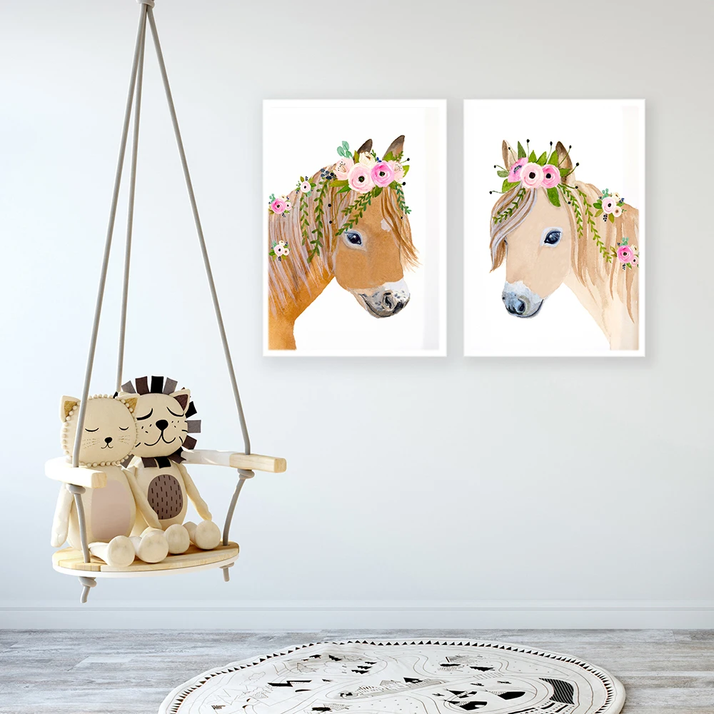 

Flower Pony Animal Horse Llama Canvas Painting Posters and Prints Canvas Wall Art Pictures Wall Decor for Nursery Baby Bedroom