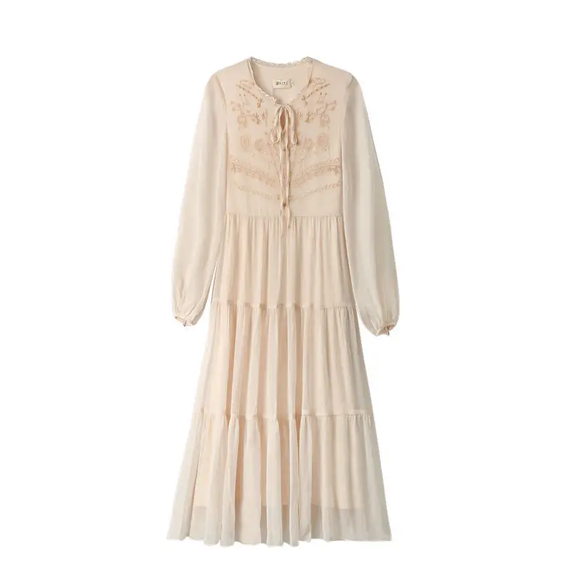 

Elegant Fairy Dress Women Lace Chiffon Party Dress Embroidery Floral Draped Lace-Up Long Sleeve Vintage Chic Dress Korean 2021