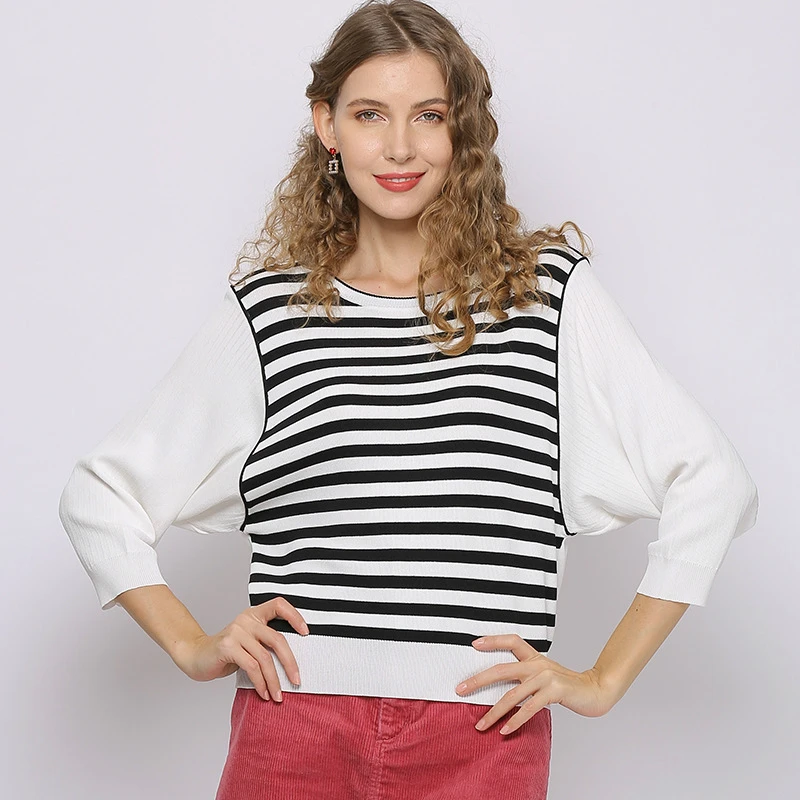 

Весенне-осенние женские топы, вязаные блузки, верхняя одежда, круглый вырез, рукав «летучая мышь», рукав три четверти, Свободный Полосатый свитер, пуловеры TA5011